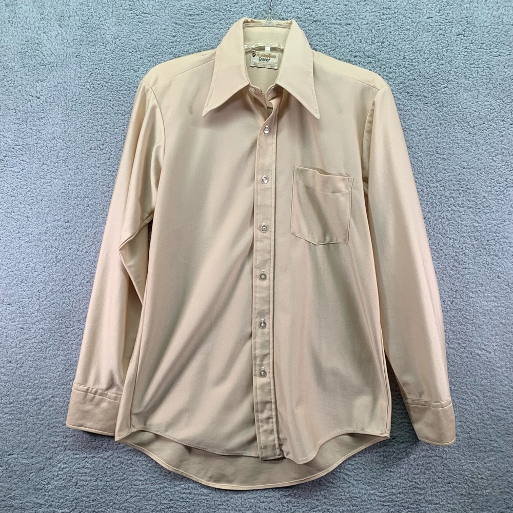 Vintage 1970s Disco Shirt Mens S 14.5 Cream Long Sleeve Qiana Shiny Nylon Knit
